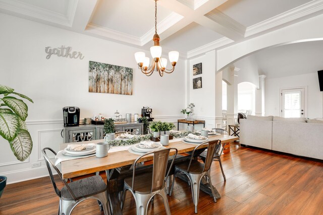 dining space with beam ceiling, an inviting chandelier, dark wood-type flooring, and coffered ceiling