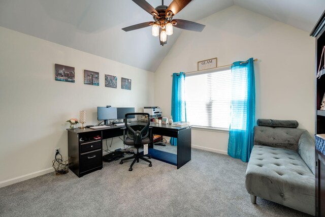 office featuring ceiling fan, high vaulted ceiling, and light colored carpet