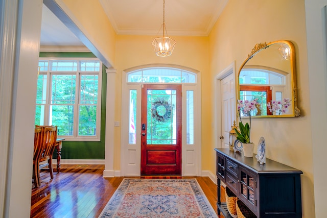 foyer with dark hardwood / wood-style floors, an inviting chandelier, and ornamental molding