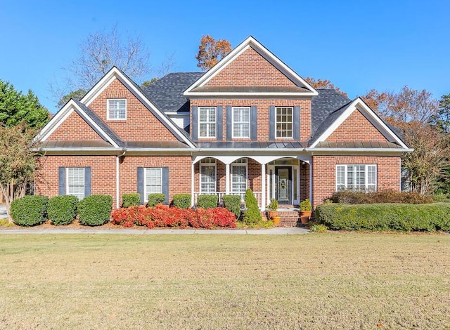 craftsman inspired home featuring a porch and a front lawn