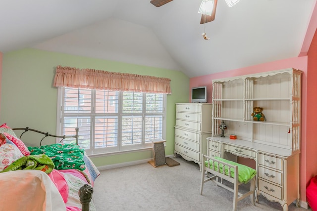 bedroom with ceiling fan, light colored carpet, and lofted ceiling