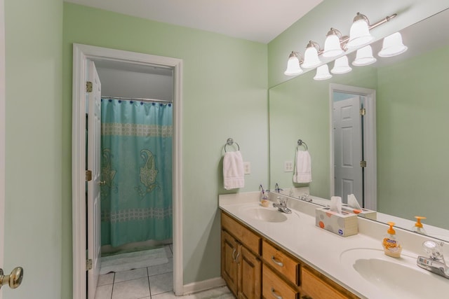 bathroom with tile patterned flooring, vanity, and a shower with shower curtain