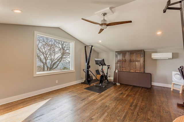 workout area with lofted ceiling, ceiling fan, dark hardwood / wood-style flooring, and an AC wall unit