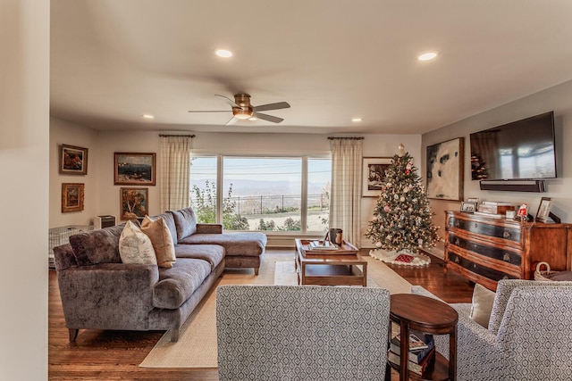 living room featuring ceiling fan and dark hardwood / wood-style flooring