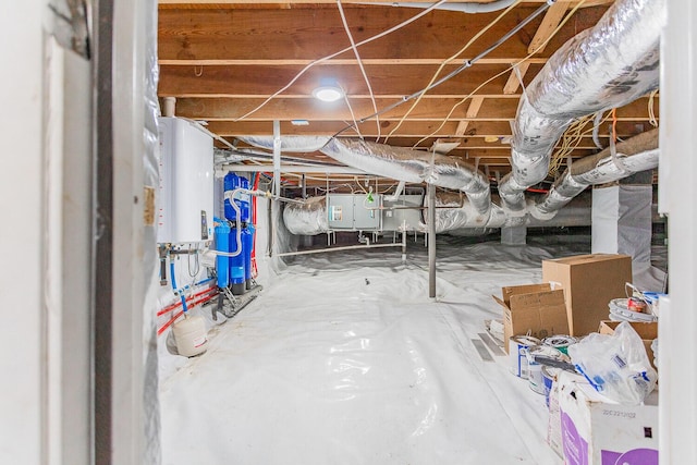 basement with electric panel and water heater