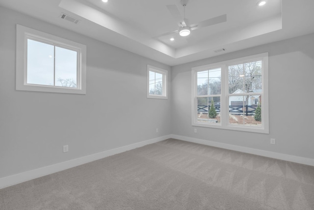 carpeted empty room featuring a tray ceiling, ceiling fan, and a healthy amount of sunlight