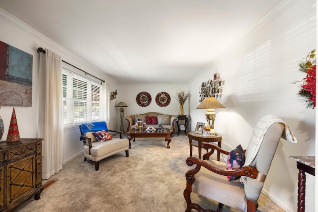 living area with light colored carpet and ornamental molding