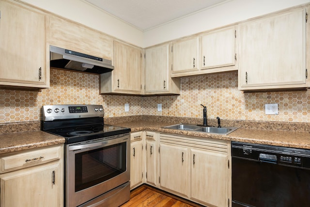 kitchen with sink, electric range, black dishwasher, light hardwood / wood-style floors, and range hood