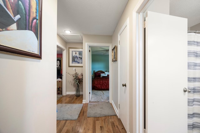 corridor with light wood-type flooring and a textured ceiling