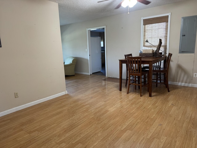 dining room with ceiling fan, light wood-type flooring, a textured ceiling, and electric panel