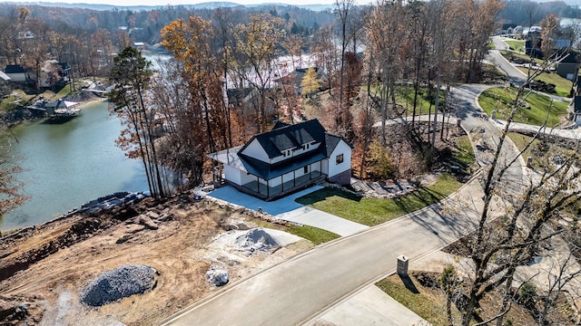 drone / aerial view featuring a water view