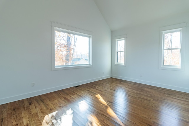 unfurnished room featuring vaulted ceiling, plenty of natural light, and dark wood-type flooring