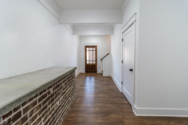 corridor with crown molding and dark hardwood / wood-style flooring