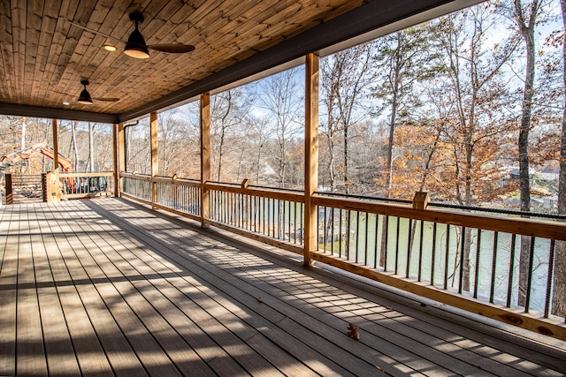 wooden deck with ceiling fan