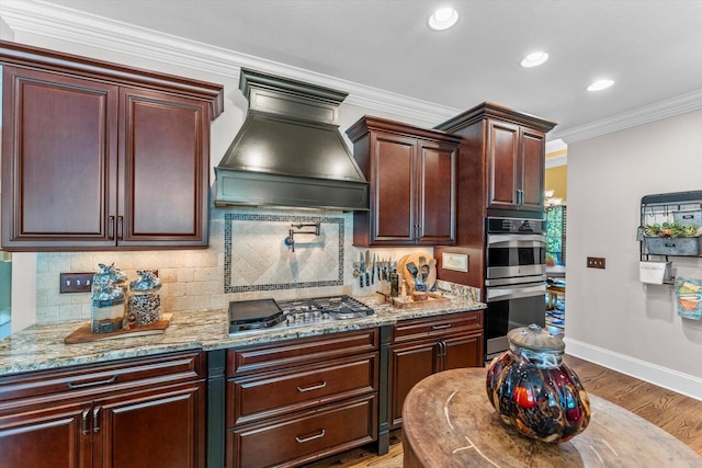 kitchen featuring tasteful backsplash, hardwood / wood-style flooring, appliances with stainless steel finishes, and premium range hood