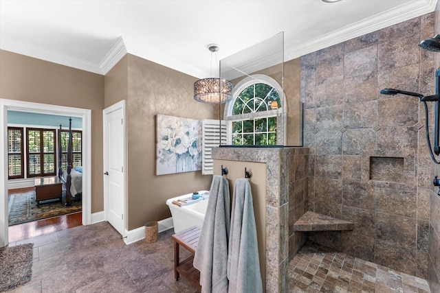 bathroom with independent shower and bath and ornamental molding