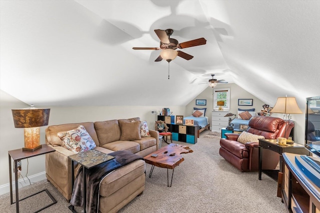 living room with vaulted ceiling and light carpet