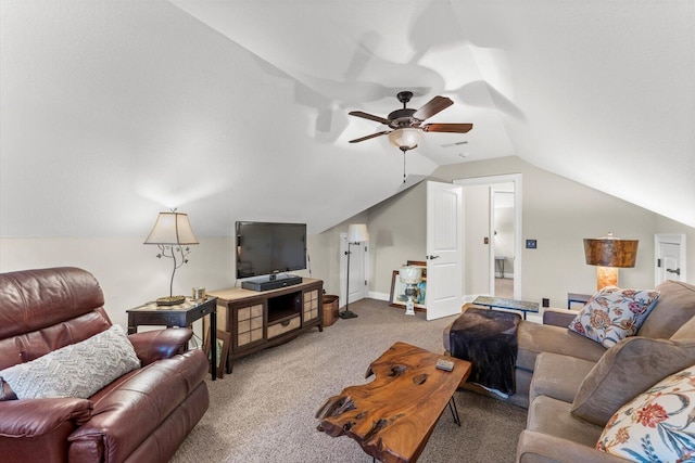 carpeted living room with lofted ceiling and ceiling fan