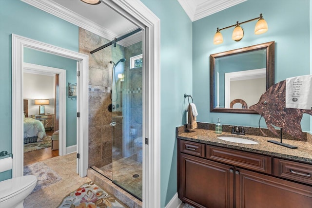 bathroom featuring a shower with door, ornamental molding, vanity, and toilet