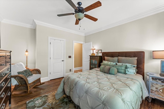 bedroom featuring crown molding, ceiling fan, and dark hardwood / wood-style flooring