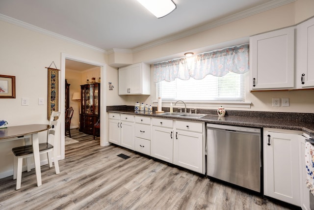 kitchen featuring dishwasher, sink, crown molding, light hardwood / wood-style flooring, and white cabinetry