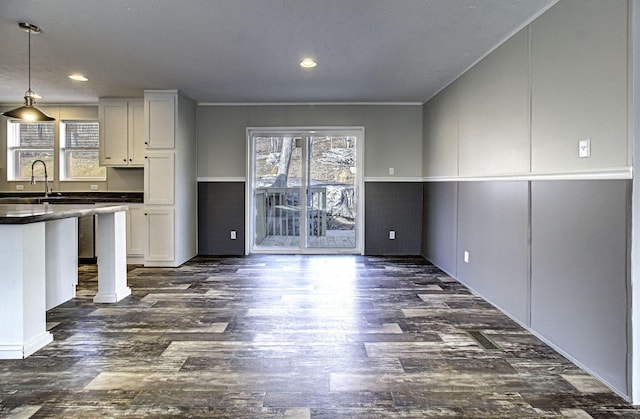 unfurnished living room with dark hardwood / wood-style flooring and sink