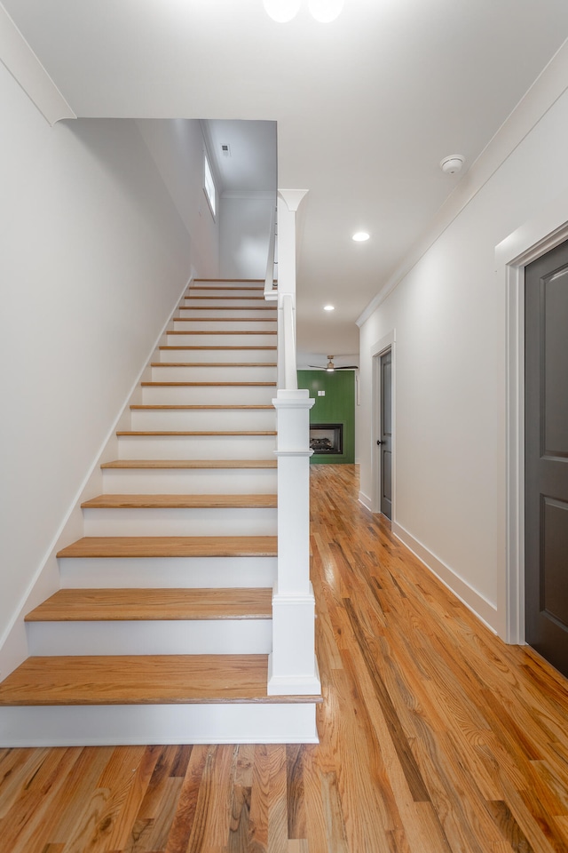 staircase featuring a fireplace, wood-type flooring, ceiling fan, and ornamental molding