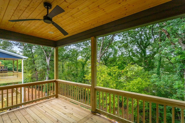 wooden terrace featuring ceiling fan