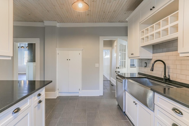 kitchen featuring dishwasher, sink, white cabinets, and wooden ceiling