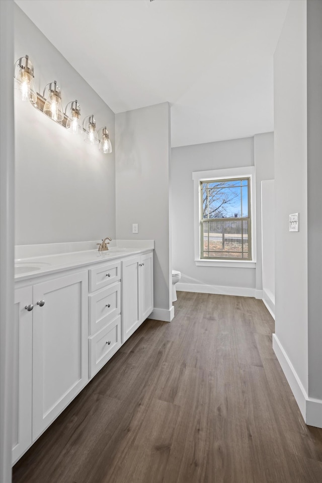 bathroom with double vanity, baseboards, toilet, and wood finished floors