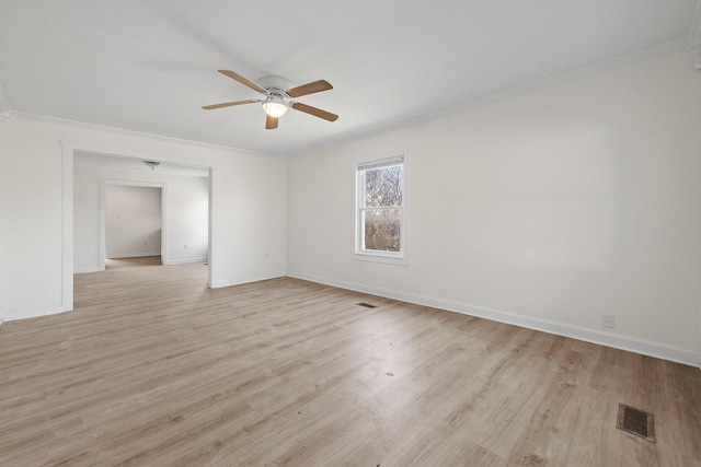 unfurnished room with light wood-type flooring, ceiling fan, and ornamental molding