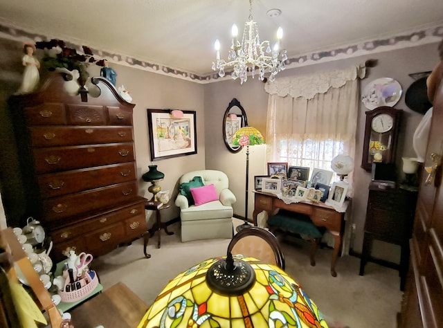 interior space with carpet and a chandelier