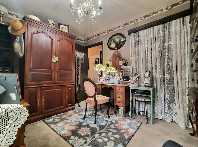 carpeted office featuring a textured ceiling and a notable chandelier