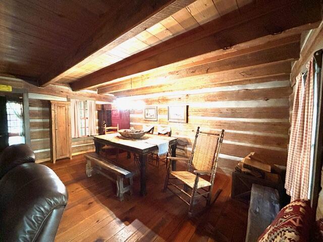 interior space with beam ceiling, wooden ceiling, dark wood-type flooring, and wooden walls