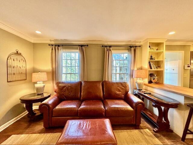 living room featuring hardwood / wood-style floors and ornamental molding