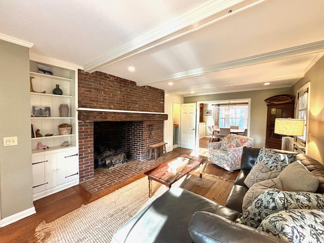 living room featuring dark hardwood / wood-style flooring, ornamental molding, and a brick fireplace