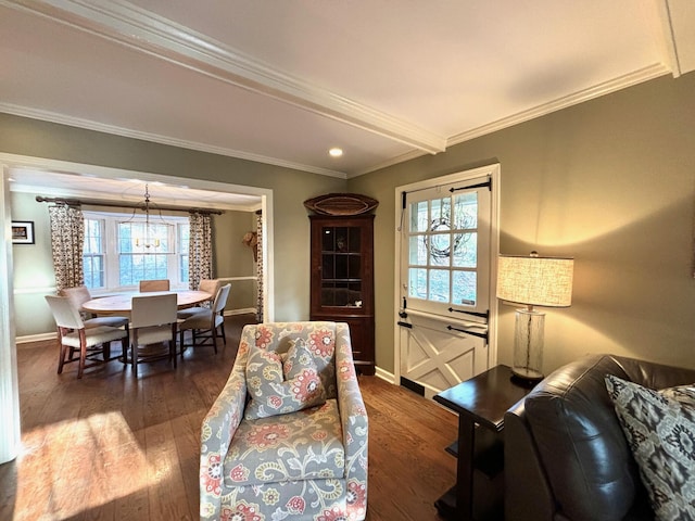 living room with a healthy amount of sunlight, dark hardwood / wood-style flooring, ornamental molding, and a chandelier