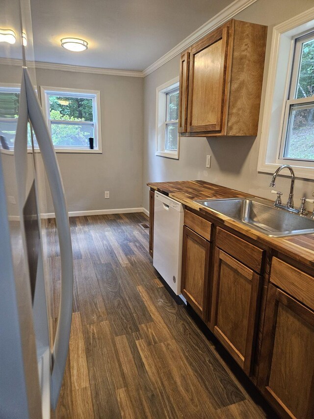 kitchen featuring crown molding, wooden counters, dark wood-type flooring, a sink, and dishwasher