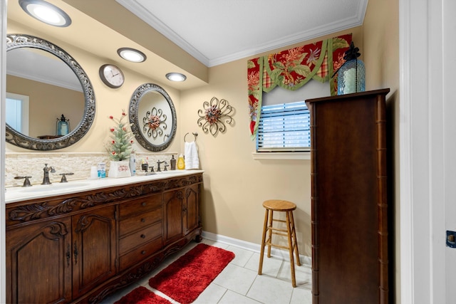 bathroom featuring tile patterned flooring, vanity, ornamental molding, and tasteful backsplash