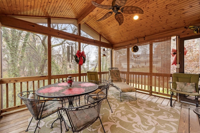 sunroom / solarium with lofted ceiling with beams, ceiling fan, and wood ceiling