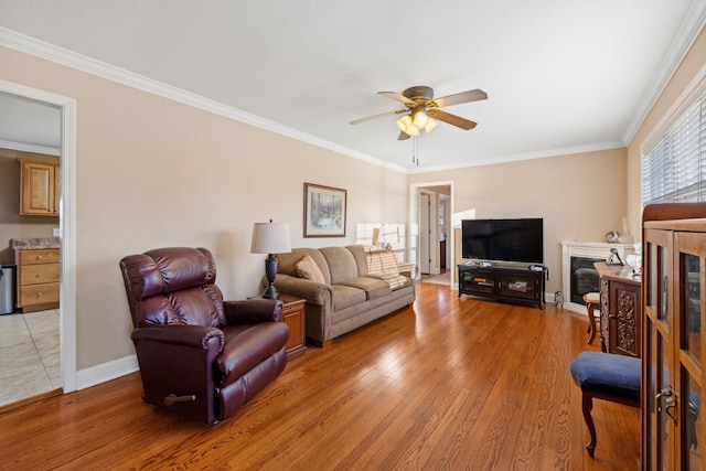 living room featuring crown molding, ceiling fan, and wood-type flooring