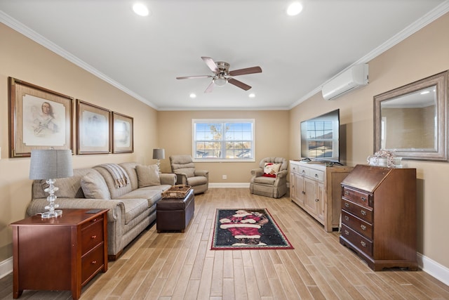 living room featuring ceiling fan, crown molding, a wall unit AC, and light hardwood / wood-style flooring