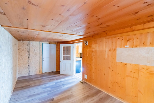 spare room with hardwood / wood-style flooring, wood walls, and wood ceiling