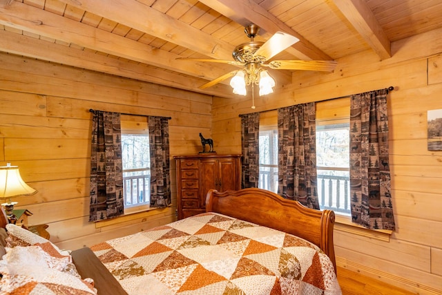 bedroom with ceiling fan, beam ceiling, wood ceiling, and wood walls