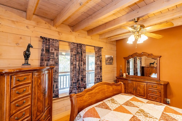 bedroom with beam ceiling, wooden walls, and wooden ceiling