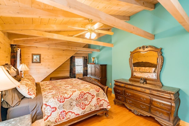 bedroom with wood ceiling, vaulted ceiling with beams, wood finished floors, and wood walls