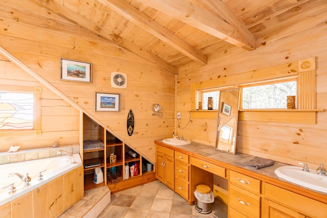 full bathroom with a sink, wood ceiling, wood walls, and double vanity