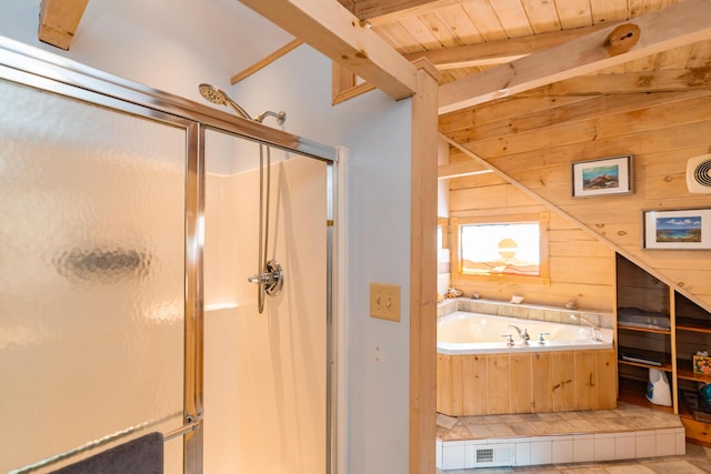 bathroom with wooden walls, lofted ceiling with beams, a stall shower, wooden ceiling, and a bath