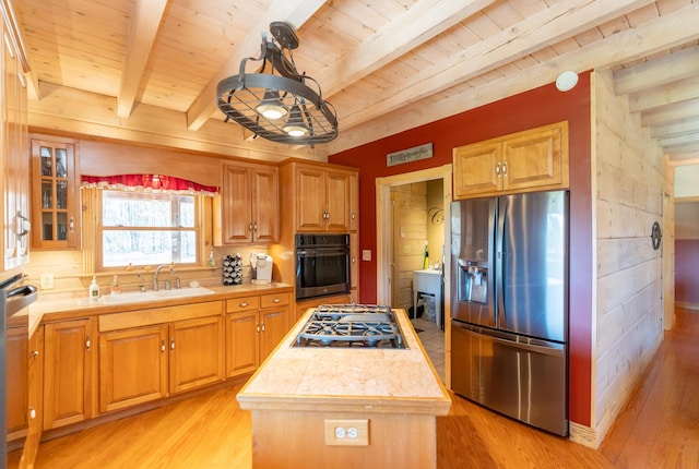 kitchen featuring a sink, stainless steel appliances, wooden ceiling, and a center island