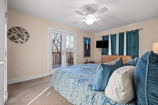 carpeted bedroom featuring ceiling fan, access to exterior, and french doors